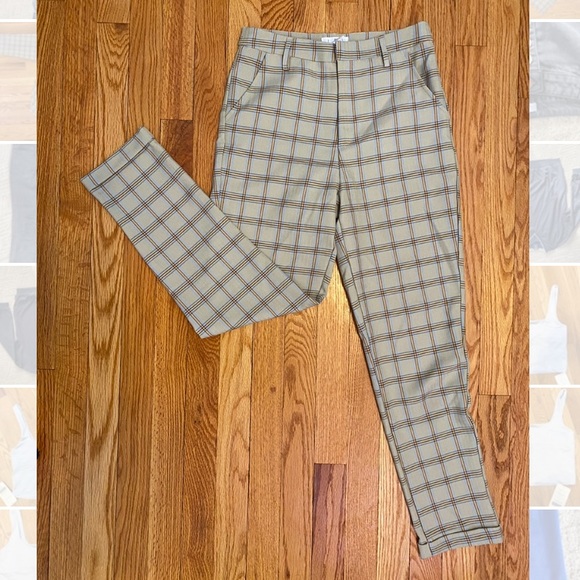 Plaid pants, size S, tan with brown and blue, clasp - Picture 2 of 4